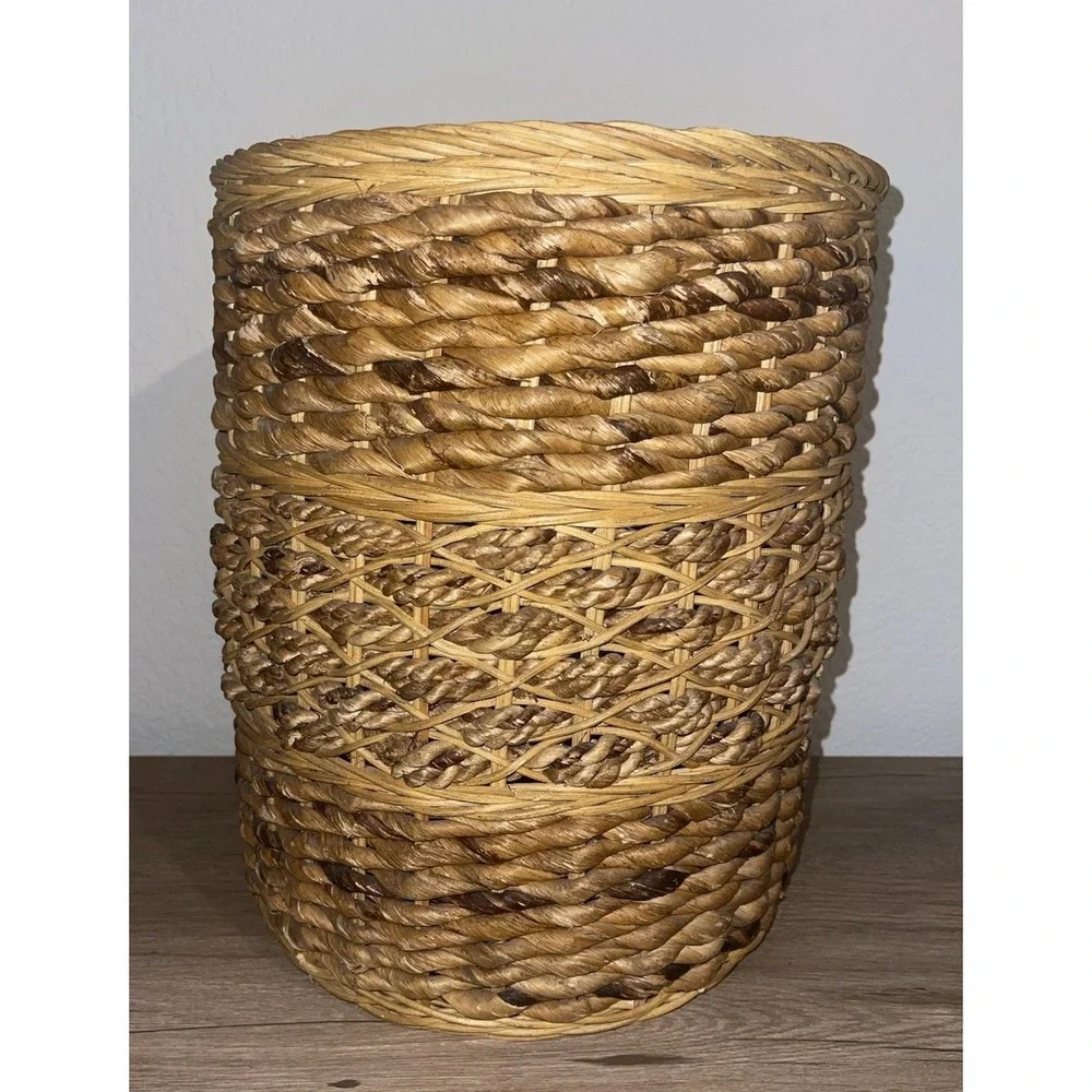 Vintage Hand Woven Wicker Seagrass Waste Basket Trash Can